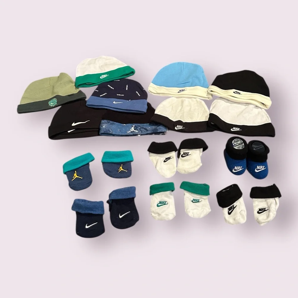 Nike Baby Hat and Bootie Set - 9 Hats And 6 Pairs of Socks Sz Newborn to 6 Mon